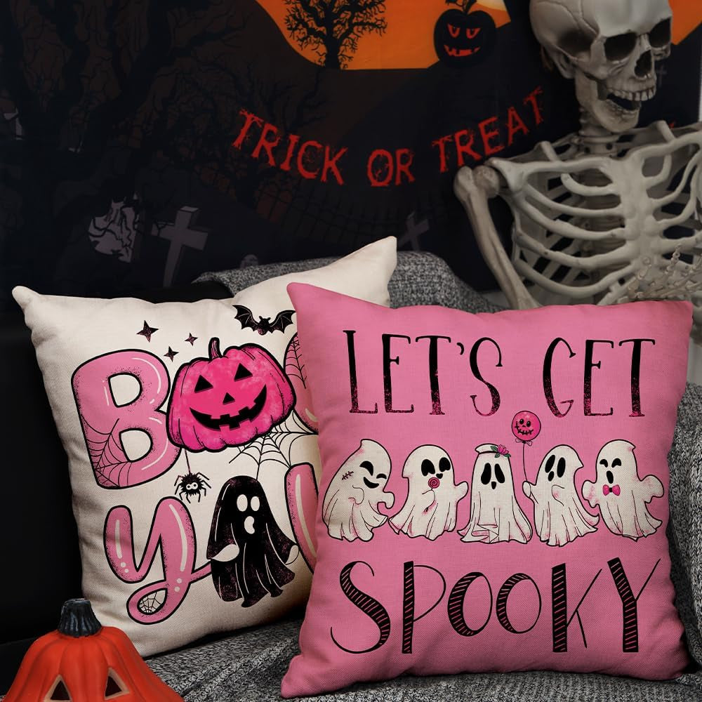 Halloween Pillow Covers 18X18 Inch Set of 4 Black and White Ghost Pumpkins Truck Decoration Pink Halloween Pillow Covers Decor for Sofa Bed Outdoor Car 094