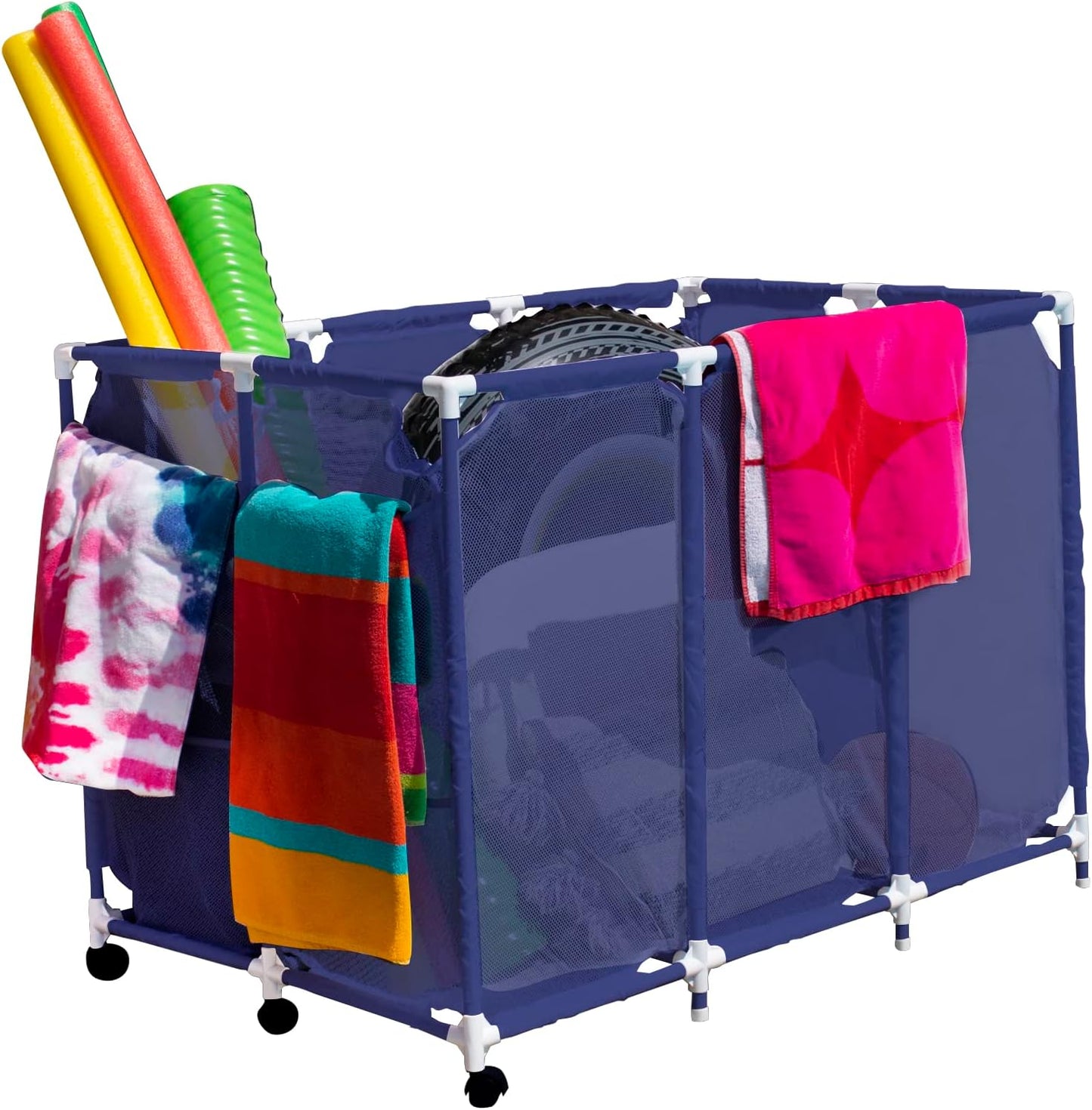 Pool Noodles Holder, Toys, Floats, Balls and Floats Equipment Mesh Rolling Storage Organizer Bin, Extra-Large, (47.2" W X 30.2" L X 34" H), Blue/White Style 455119