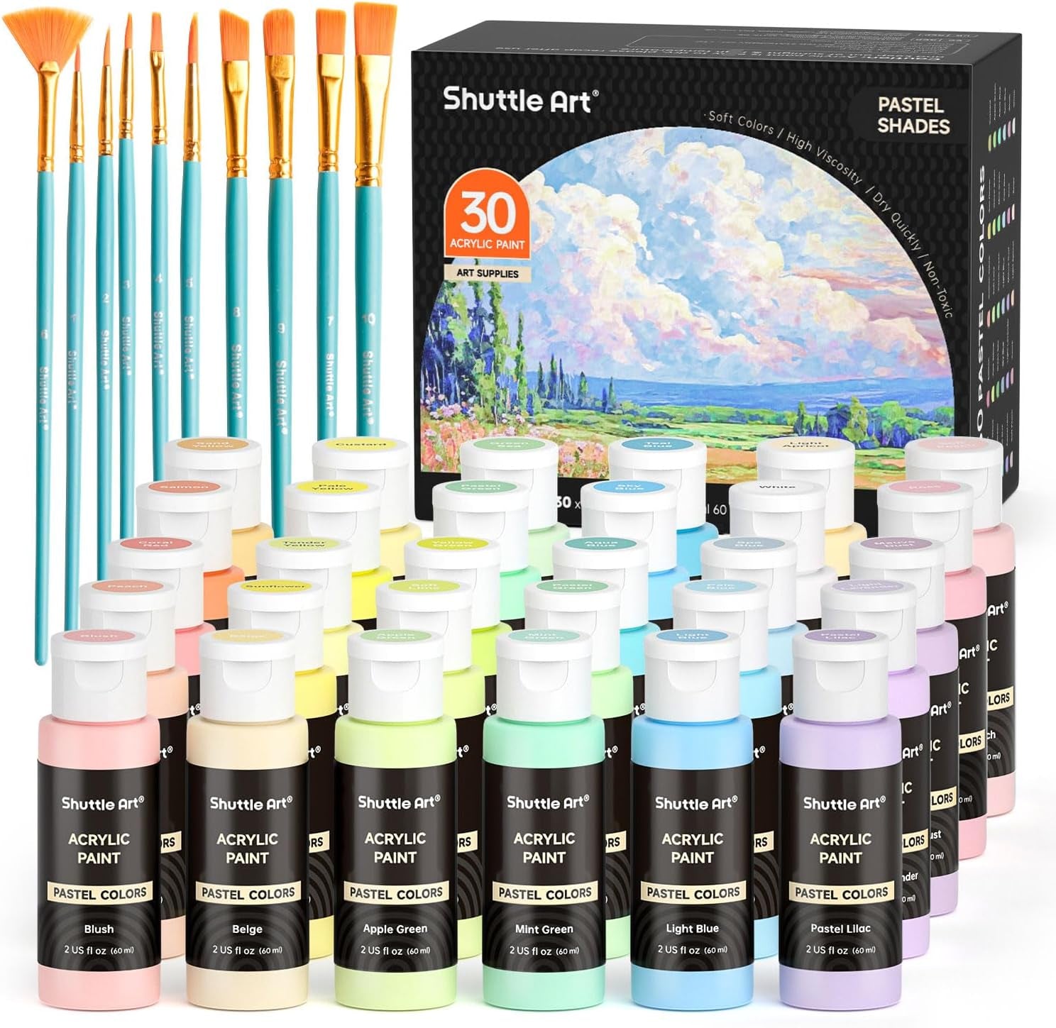 54 Colors Acrylic Paint,  Acrylic Paint Set with 12 Paint Brushes, 2Oz/60Ml Bottles, Rich Pigmented, Water Proof, Premium Paints for Artists, Beginners and Kids on Canvas Rocks Wood Ceramic
