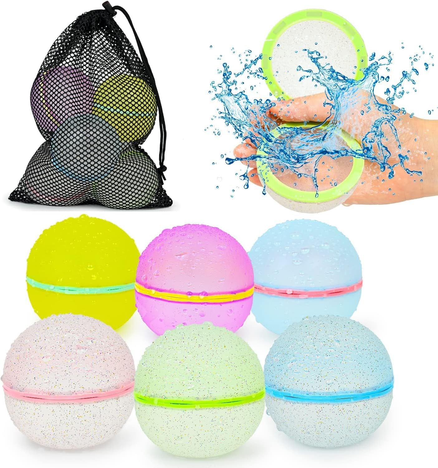 Reusable Water Balloons 12Pcs with Mesh Bag, Self Sealing Silicone Ball Latex-Free, No Clean Hassle, Easy to Fill, Summer Toys Water Toy Swimming Pool Beach Park Yard Outdoor Games Party Supplies