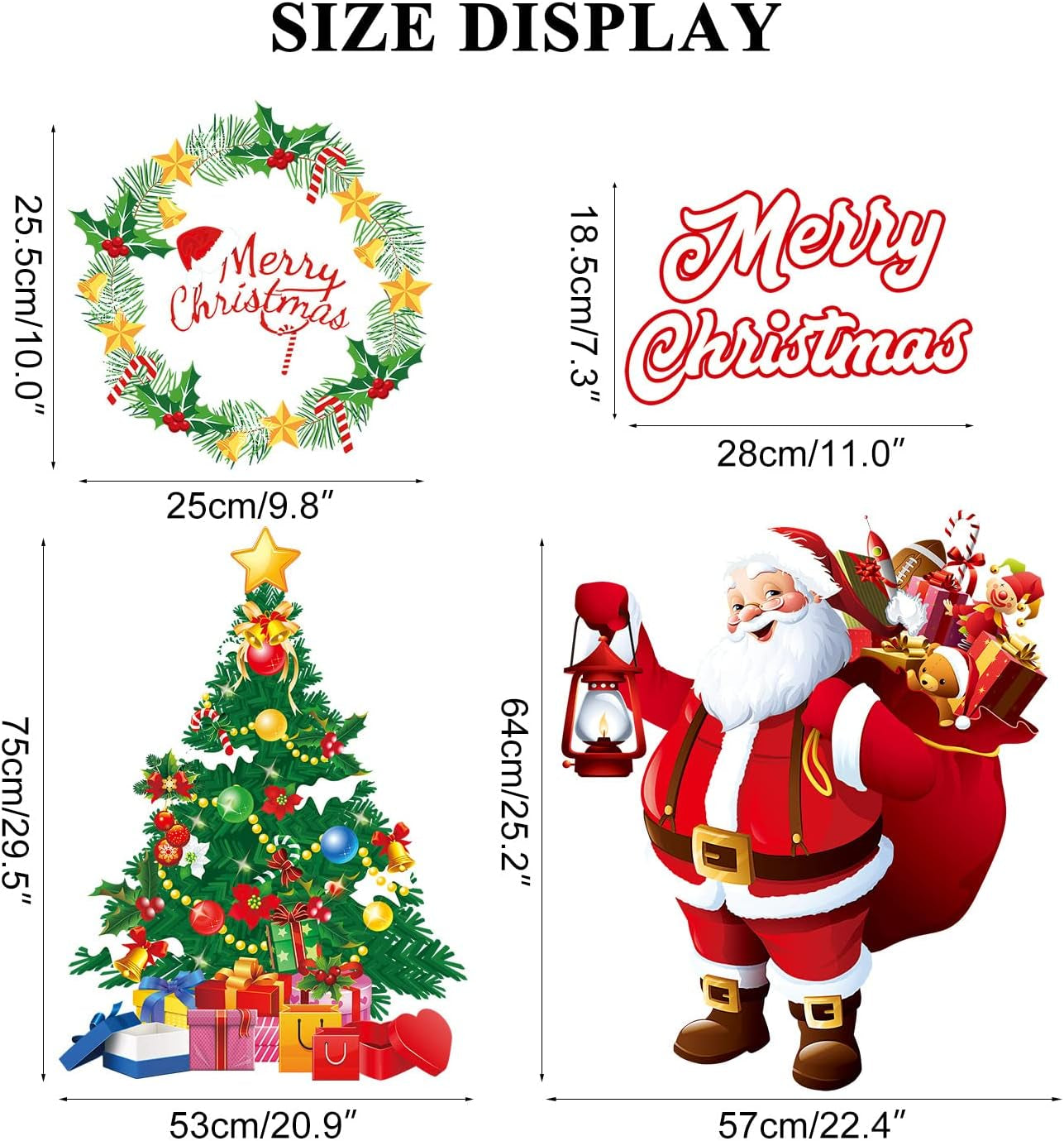 Christmas Decorations Window Clings Stickers Large Santa Claus Xmas Tree Snowflake Cling Double Side Xmas Window Decals Ornament DIY Wall Door Christmas Decor Reusable Static Decal Sticker