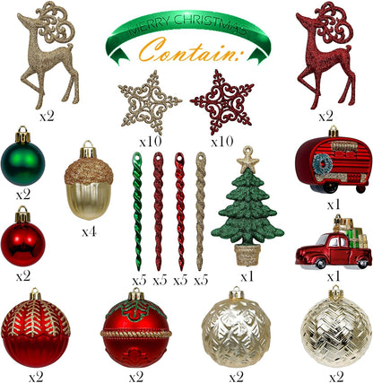 Christmas Tree Ornaments Set, 60Ct Red Green and Gold Shatterproof Christmas Tree Decorations Bulk, Traditional Country Hanging Ball Ornaments for Xmas Trees Holiday Decor