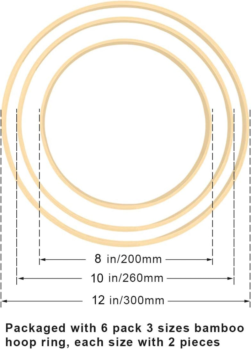 6 Pack 3 Sizes (8, 10 & 12 Inch) Bamboo Floral Hoops, Wooden Wreath Rings for Making Wedding Wreath Decor and Wall Hanging Crafts