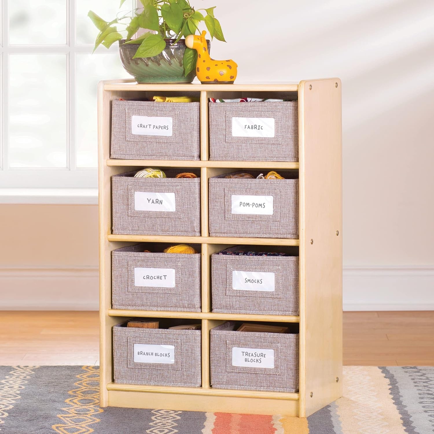 Edq Cubby Bin Storage Organizer Natural with 8 Fabric Bins: Wood Bookshelf and Toy Organizer for Kids and Teachers; School Supply Furniture for Classrooms and Home