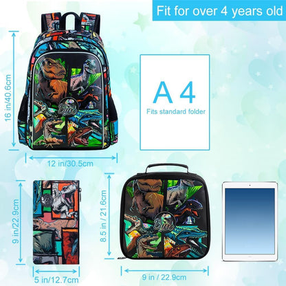 3PCS Kids Backpack for Boys, 16 Inch Dinosaur Water Resistant Preschool Backpacks, Elementary Kindergarten School Bookbag with Lunch Box for Toddler Travel