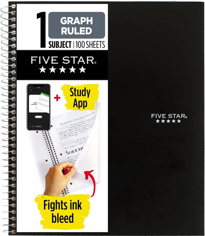 Spiral Notebook + Study App, 1 Subject, Graph Ruled Paper, Fights Ink Bleed, Water Resistant Cover, 8-1/2" X 11", 100 Sheets, Black (73679)