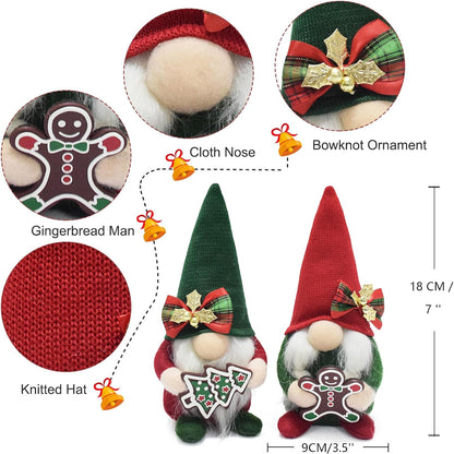 Christmas Gnomes Plush with Gingerbread,Handmade Xmas Tomte Swedish Nordic Red Green Gnomes Figurine Classical Navidad Elf Doll Gifts Noel Ornaments for Home Office Decor