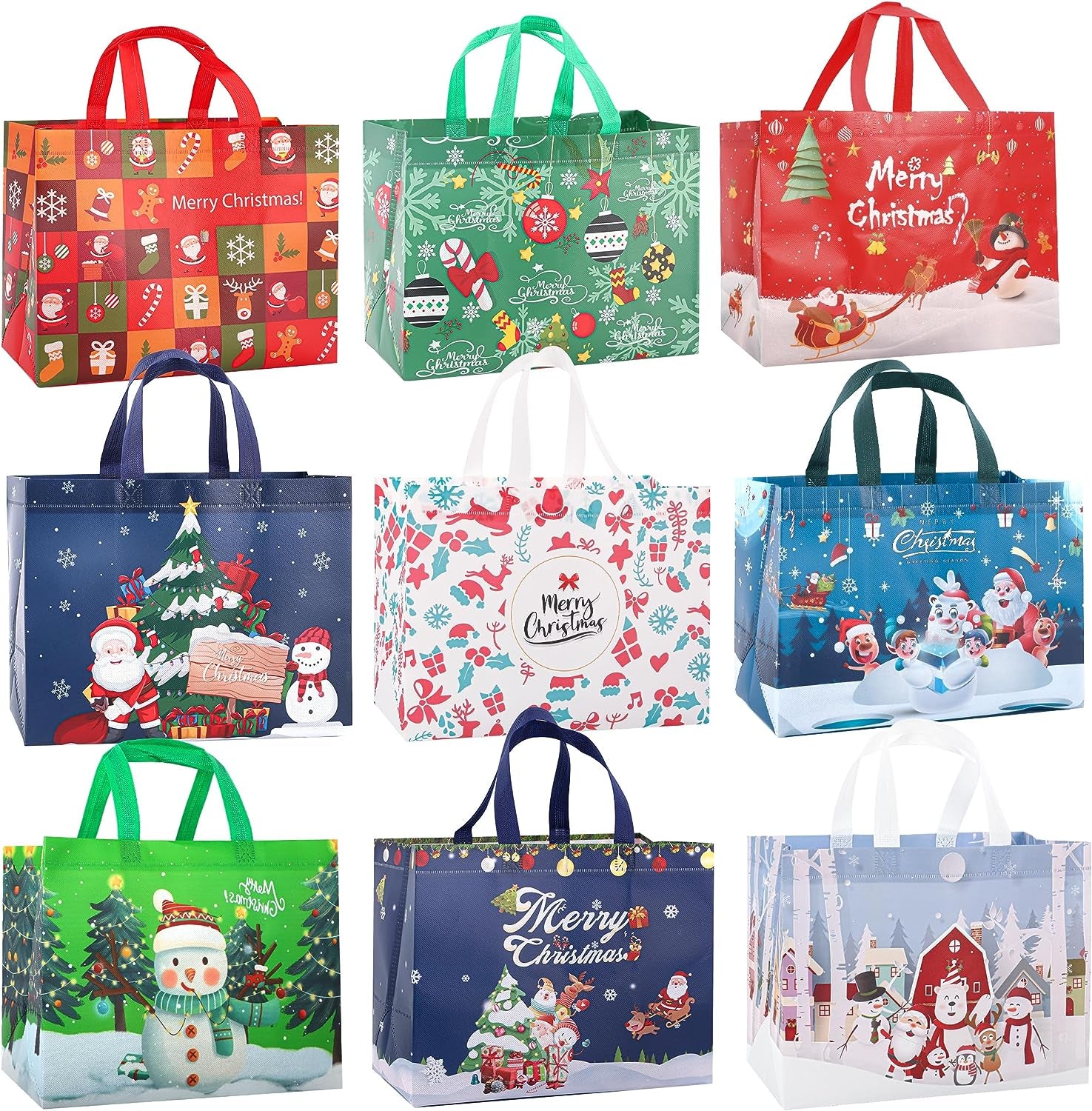 Christmas Gift Bags,9 Pcs Christmas Tote Bags with Handles for Shopping,Grocery Bags,Gifts Wrapping,Christmas Party Supplies Decorations,12.7"*9.8"*6.7" Reusable Gift Bags.