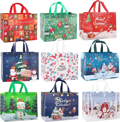 Christmas Gift Bags,9 Pcs Christmas Tote Bags with Handles for Shopping,Grocery Bags,Gifts Wrapping,Christmas Party Supplies Decorations,12.7"*9.8"*6.7" Reusable Gift Bags.