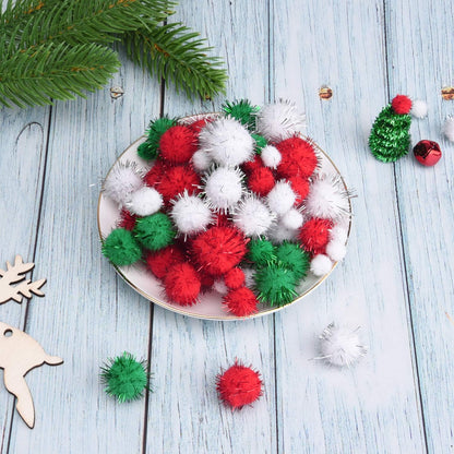 Christmas Pom Poms Pompoms Red Green White Glitter Fluffy Balls, DIY Art Crafts Decorations Supplies (4 Sizes, 900 Pieces)