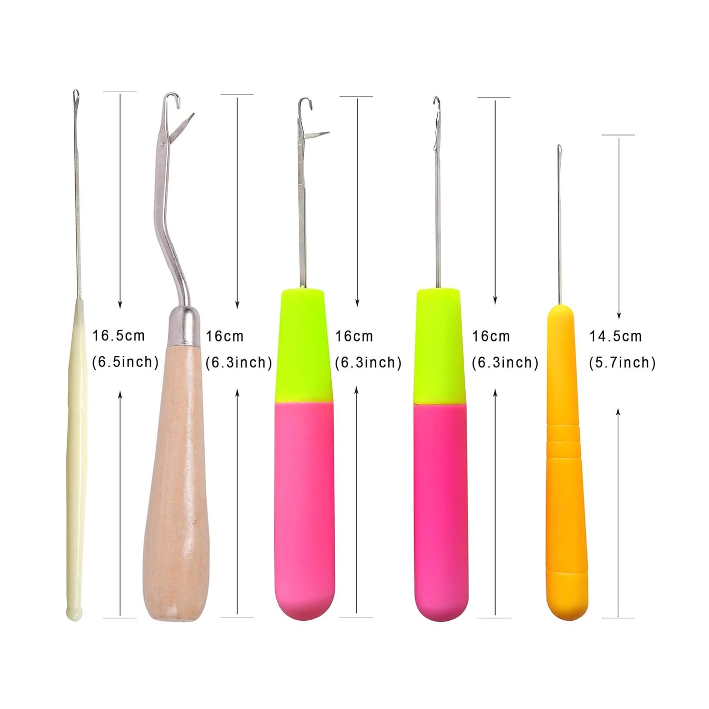 5 Pcs Hair Crochet Hook Bent Latch Hook Crochet Needle Set Tool Knitting Ventilating Needles for Hair Extension 1 Wooden Bent Latch Hook and 4 Size Plastic Latch Hook