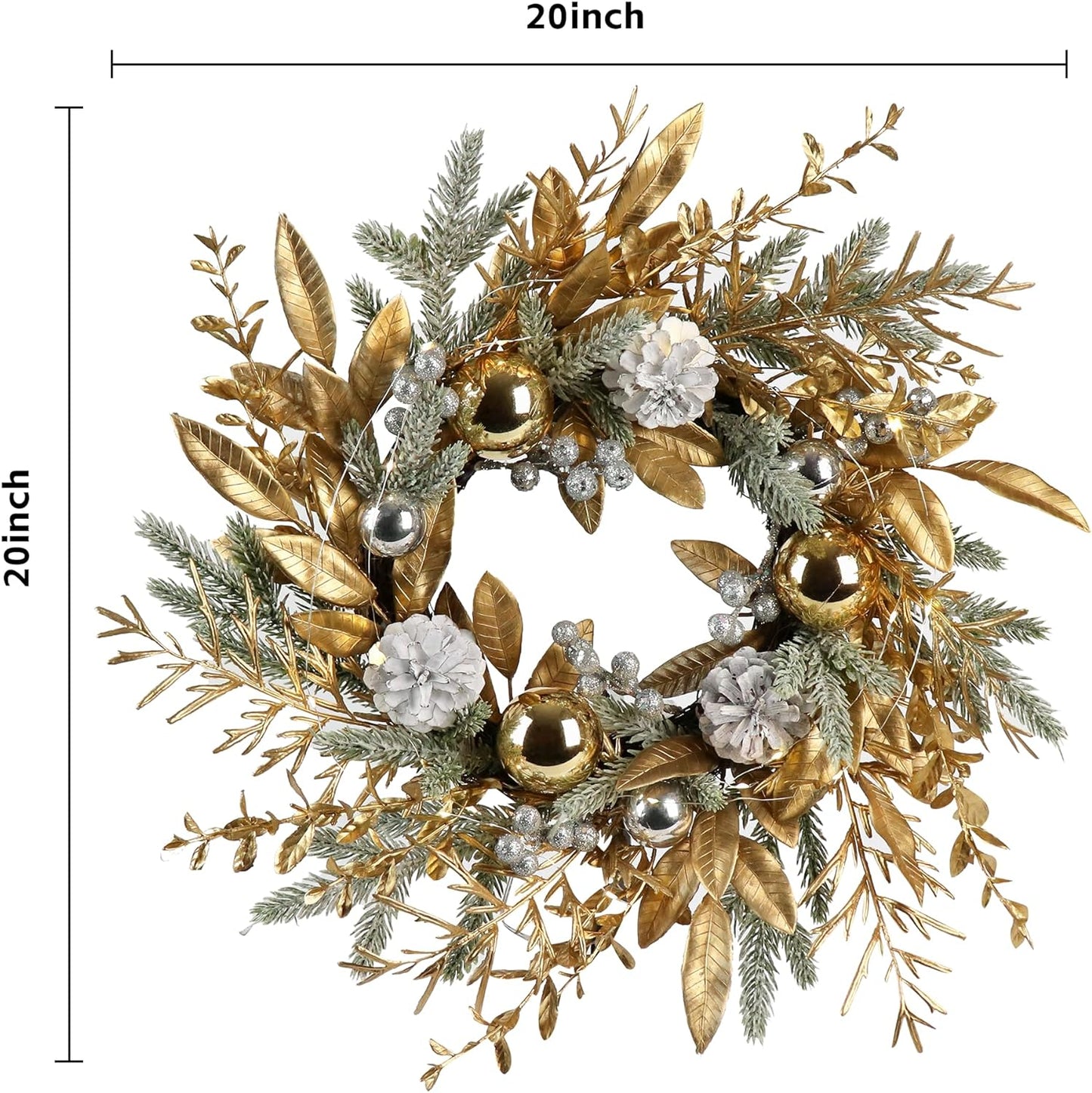 Christmas Wreath 20 Inch Christmas Door Decorations Wreath with Warm Lights,Christmas Balls, Pine Cones, Golden Twigs, Pine Needles and Silver Berries for Door Window Outdoor Home Decoration