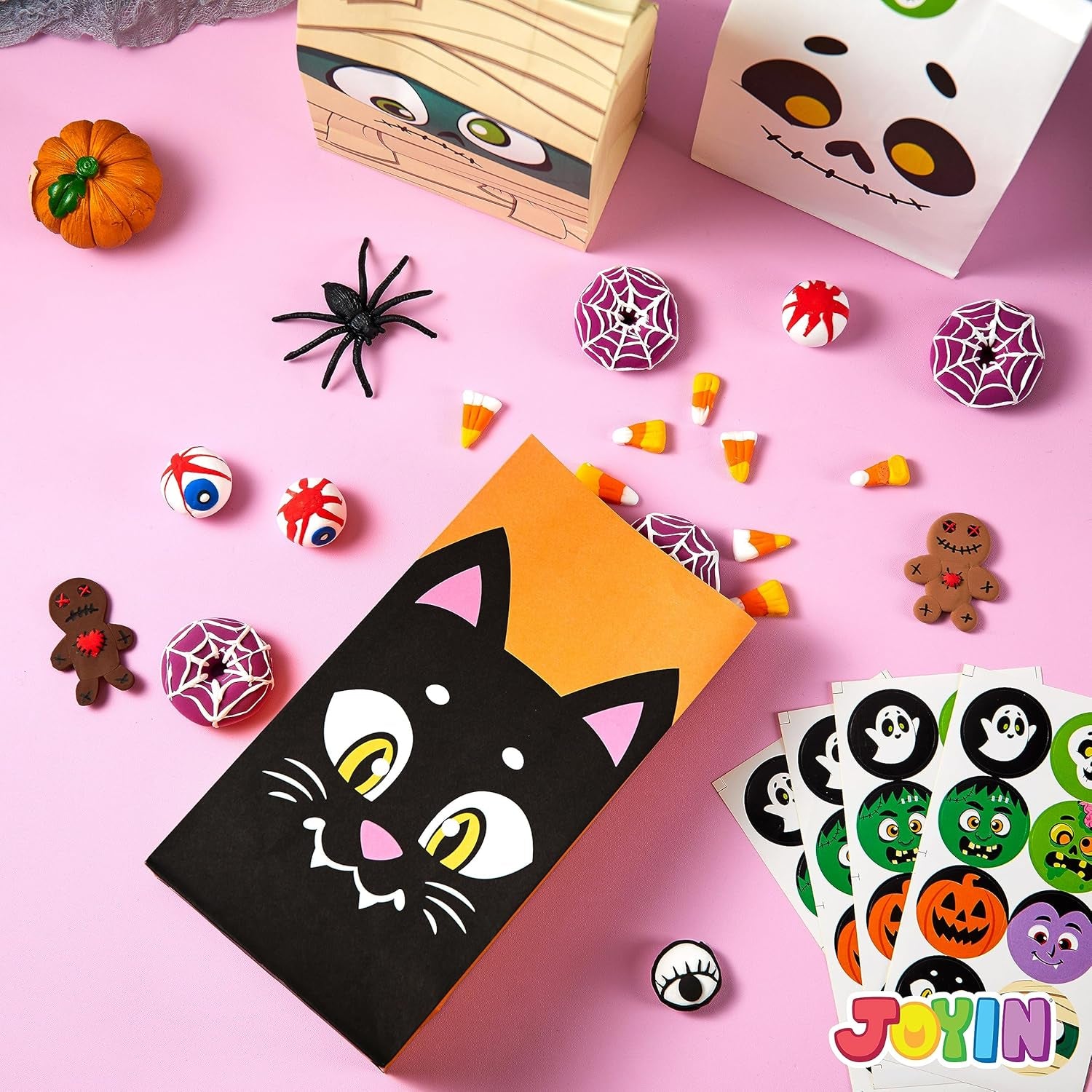 72PCS Halloween Treat Bags, 6 Styles Trick or Treat Paper Bags with Stickers, Halloween Goodie Bags for Kids, Halloween Candy Bags, Halloween Party Favors Decorations