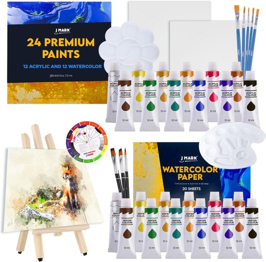 Acrylic & Watercolor Painting Kit – Complete Painting Set with Watercolor Kit, Acrylic & Watercolor Paint Tubes, Wood Easel, Watercolor Paper, Canvas Painting Kit & More