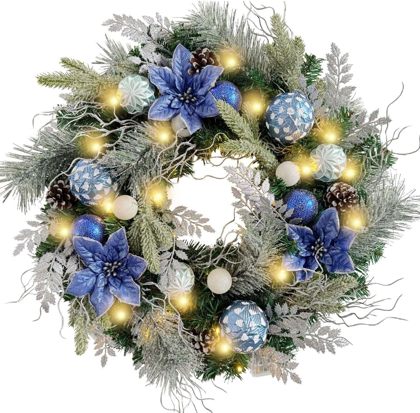 Pre-Lit 24 Inch Christmas Wreath for Front Door Silver Blue Lighted Christmas Door Wreath Decoration with Ball Ornaments, Poinsettia Flowers,Pine Cones, Battery Operated 30 LED Lights