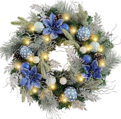 Pre-Lit 20 Inch Lighted Christmas Wreath for Front Door Decoration with Copper Gold Christmas Ball Ornaments,Battery Operated 30 LED Lights