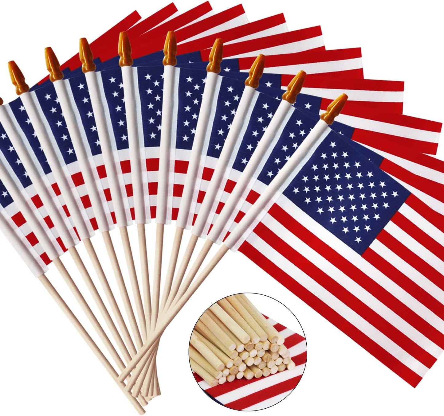 LOT of 50 - USA 4X6 in Wooden Stick Flag - July 4Th Decoration, Veteran Party, Grave Marker, Etc. - Handheld American Flag with Kid Safe Golden Spear Top (Pack of 50)