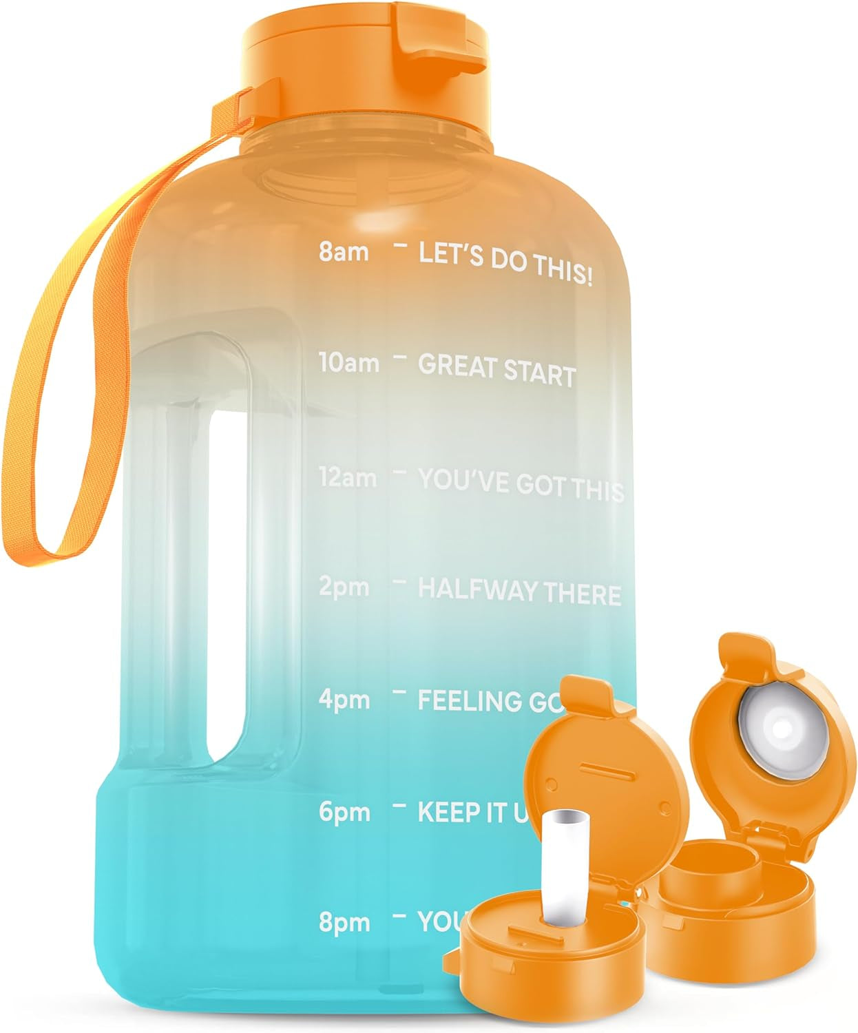 1 Gallon Water Bottle with Time Marker - Straw & Chug Lid - Big Water Bottle with Straw - BPA Free Gym Water Bottle with Handle - Gallon Water Jug (128 Oz - 2 Lids, Gray)