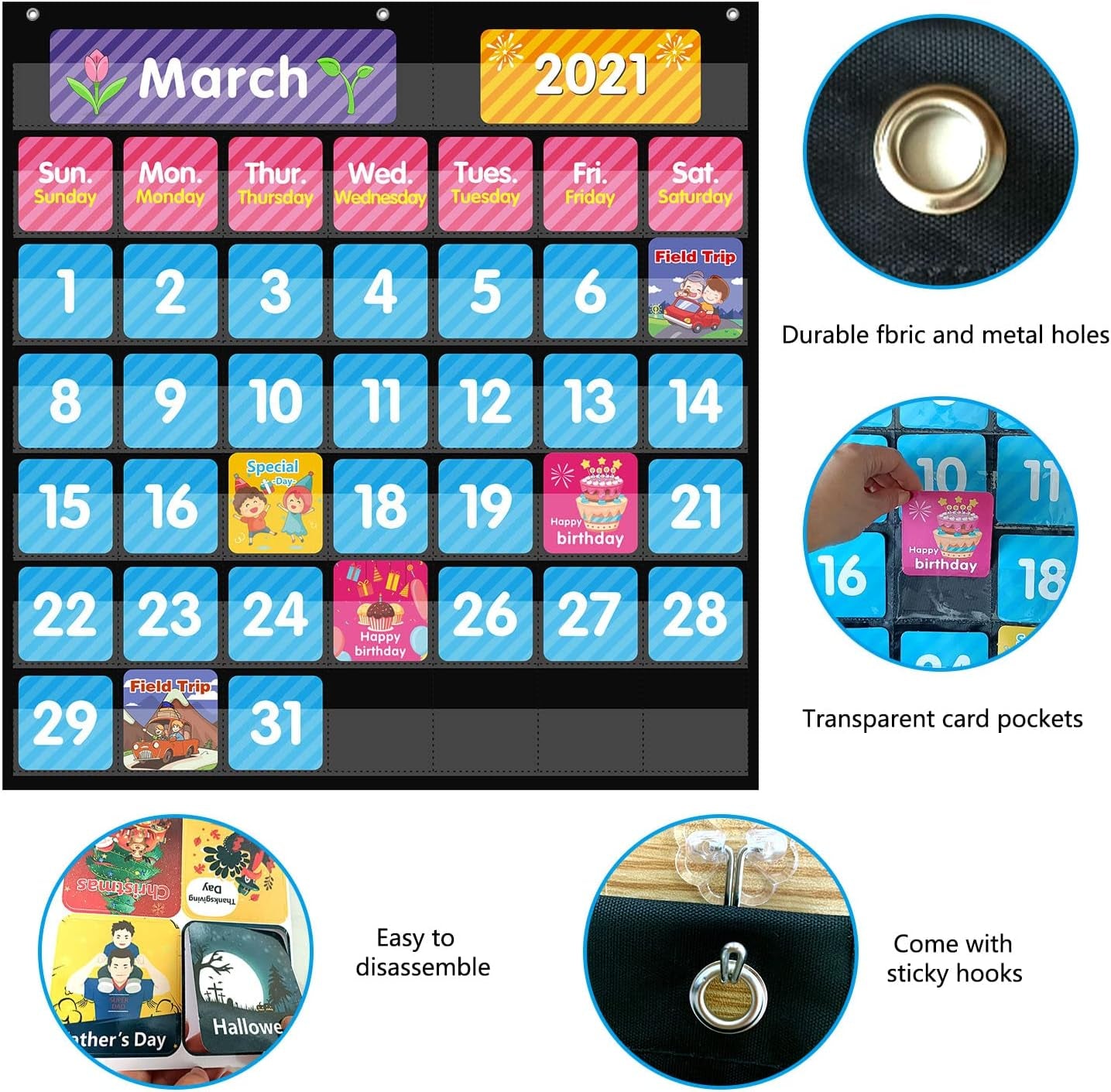 Large 44 Pockets Calendar Pocket Chart for Classroom with 85 Cards, Size:25” X 24” Monthly Calendar and Weather Black Pocket Chart for Kids Learning for Home or Kindergarten (44 Pockets)