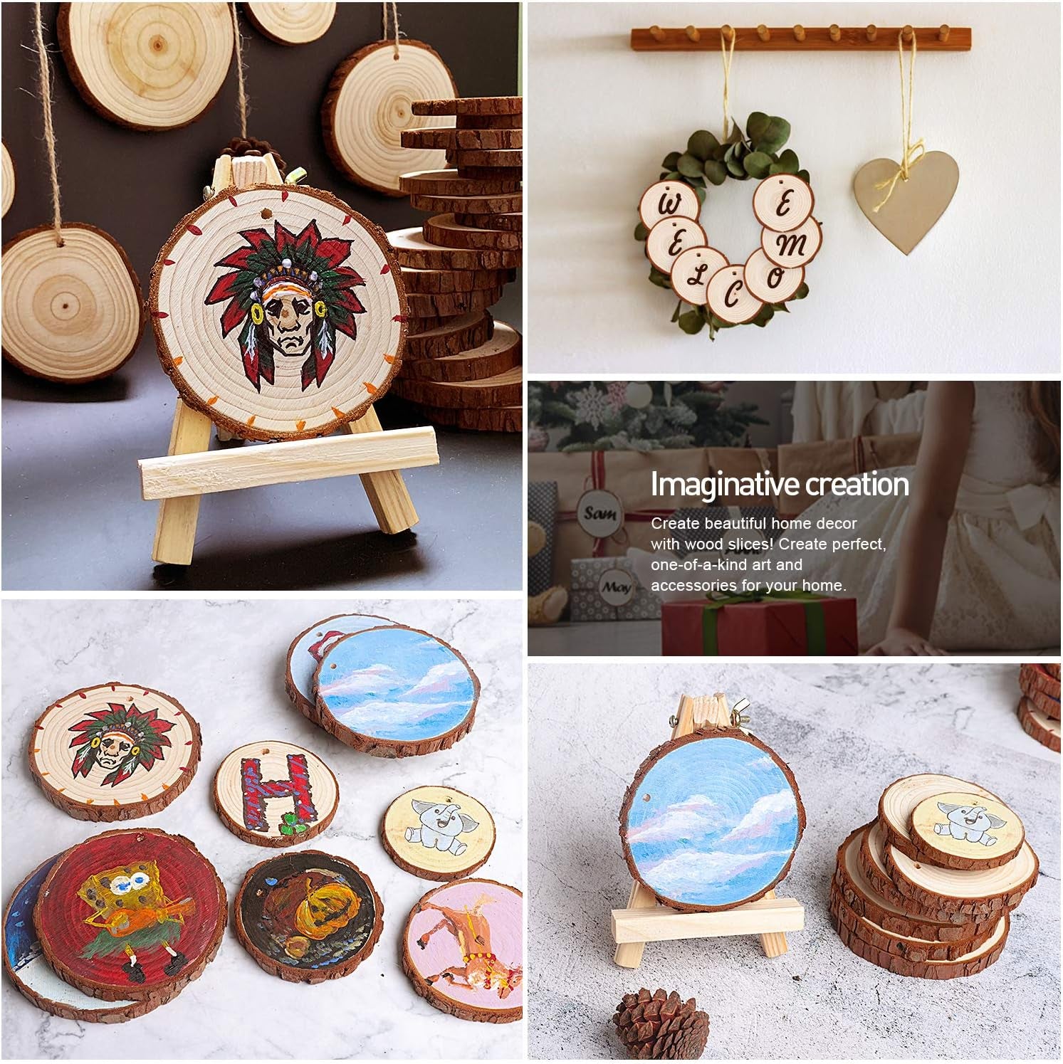 Natural Wood Slices - 30 Pcs 2.4-2.8 Inches Craft Unfinished Wood Kit Predrilled with Hole Wooden Circles for Arts Wood Slices Christmas Ornaments DIY Crafts