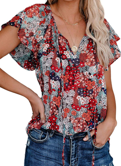 Women'S Casual Boho Floral Printed V Neck Tops Drawstring Short Long Sleeve T Shirt Blouses