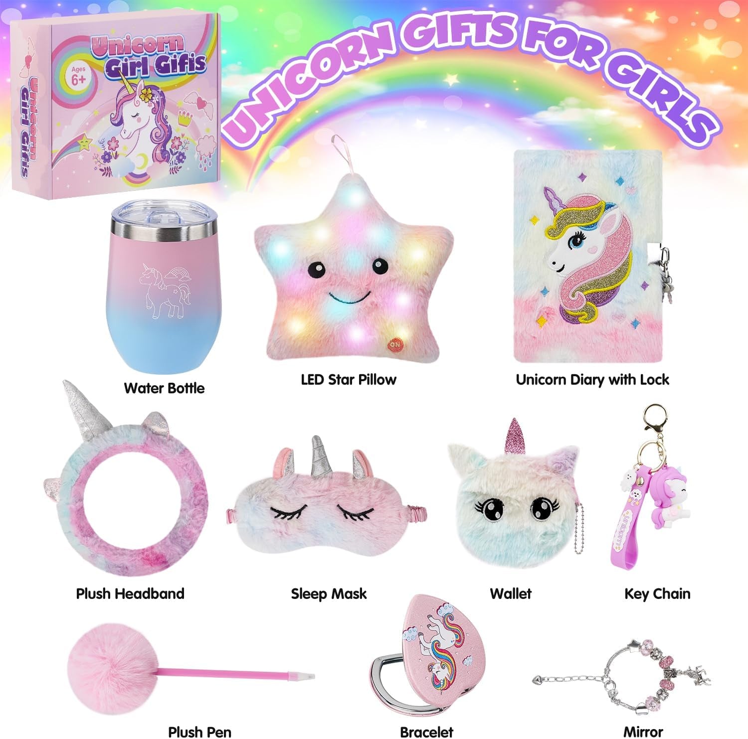 Unicorn Gifts for Girls 4 5 6 7 8 9 10+ Years Old, Kids Unicorns Toys with Light up Plush Star Pillow/Diary/Headband/Eye Mask/Water Bottle, Soft Plush Toys Set for Birthday Gift Christmas