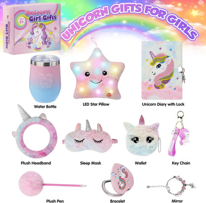 Unicorn Gifts for Girls 4 5 6 7 8 9 10+ Years Old, Kids Unicorns Toys with Light up Plush Star Pillow/Diary/Headband/Eye Mask/Water Bottle, Soft Plush Toys Set for Birthday Gift Christmas