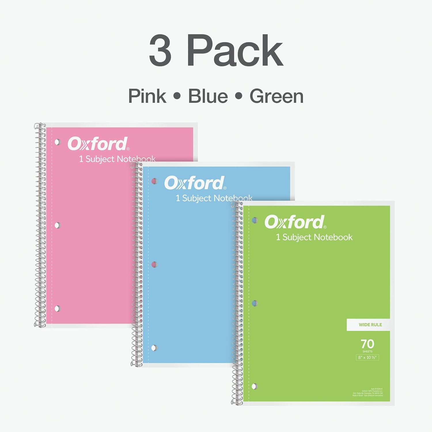 Spiral Notebooks, 1-Subject for School, Wide Ruled Paper, 70 Sheets, 8 X 10.5 Inches, Assorted Pastel Colors, 3 Pack (1002541)