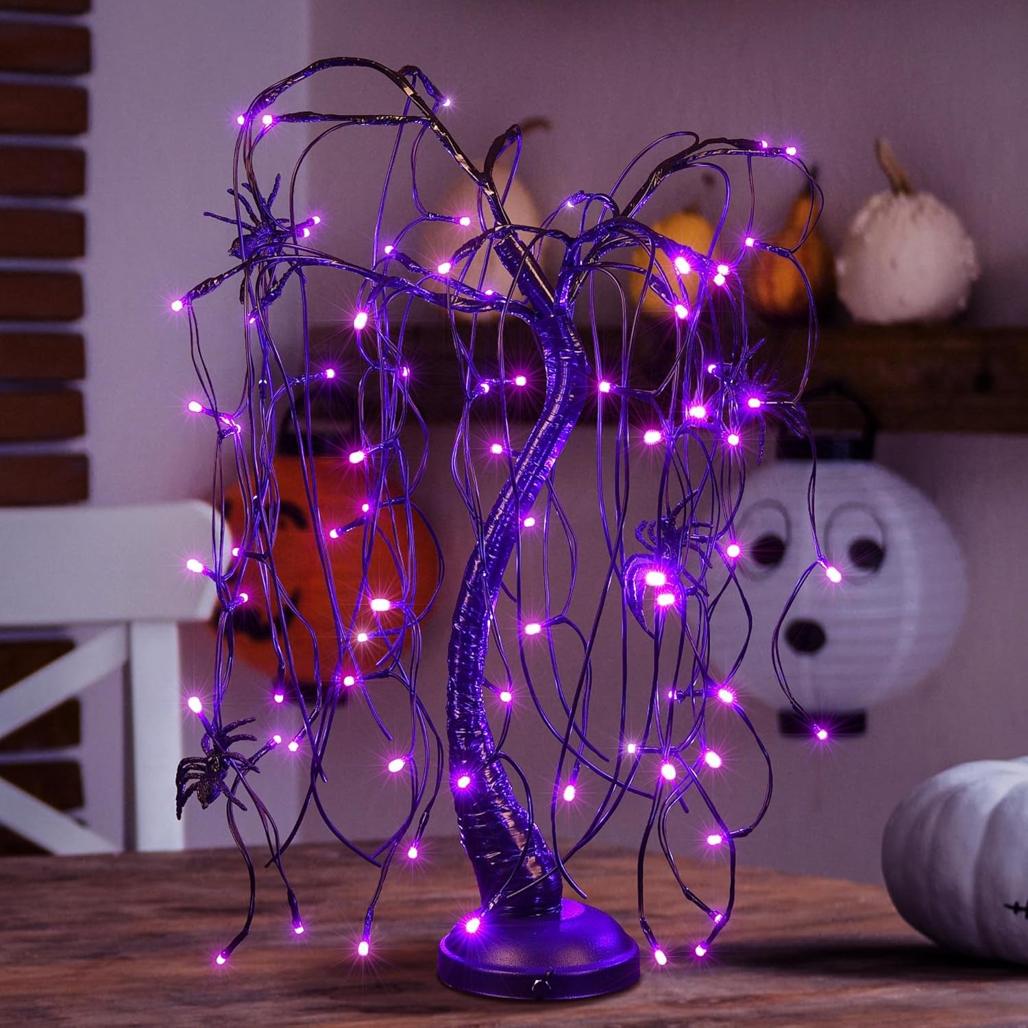 24Inch Halloween Lighted Willow Tree Bonsai Light 80 Purple LED Lights Table Top Lamp Artificial Tree Desk Decor with 4 Spiders Adapter Plug In/Battery Powered for Christmas Nativity Decoration