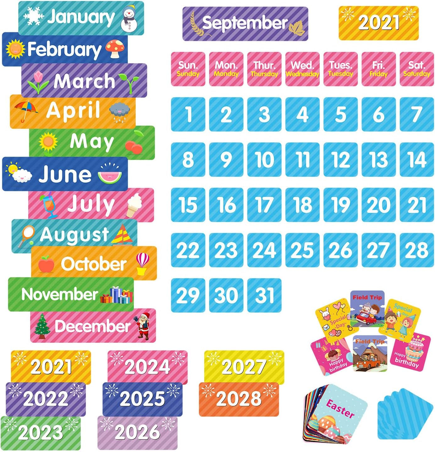 Large 44 Pockets Calendar Pocket Chart for Classroom with 85 Cards, Size:25” X 24” Monthly Calendar and Weather Black Pocket Chart for Kids Learning for Home or Kindergarten (44 Pockets)