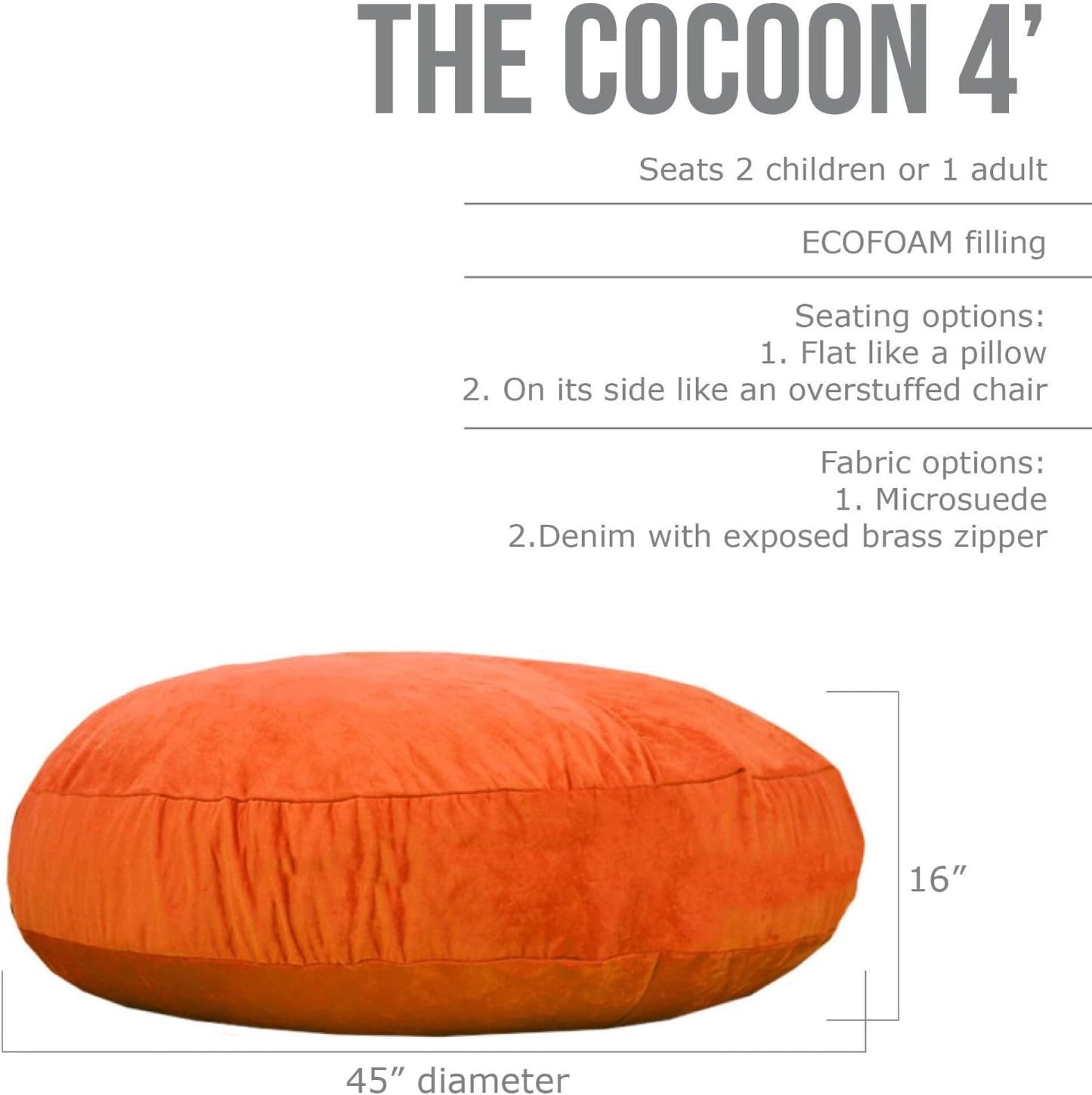 Cocoon Jr. Kids Bean Microsuede Bag, 4', Mandarin
