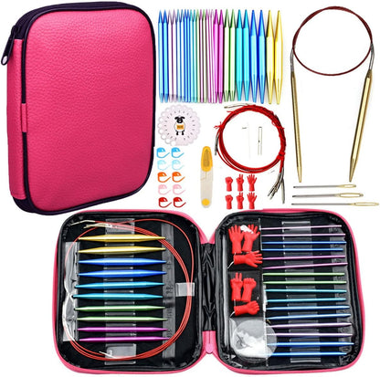 57Pcs Aluminum Circular Knitting Needles Set with Ergonomic Handles,13 Size Interchangeable Crochet Needles with Storage Case for Small Project (Style 1)