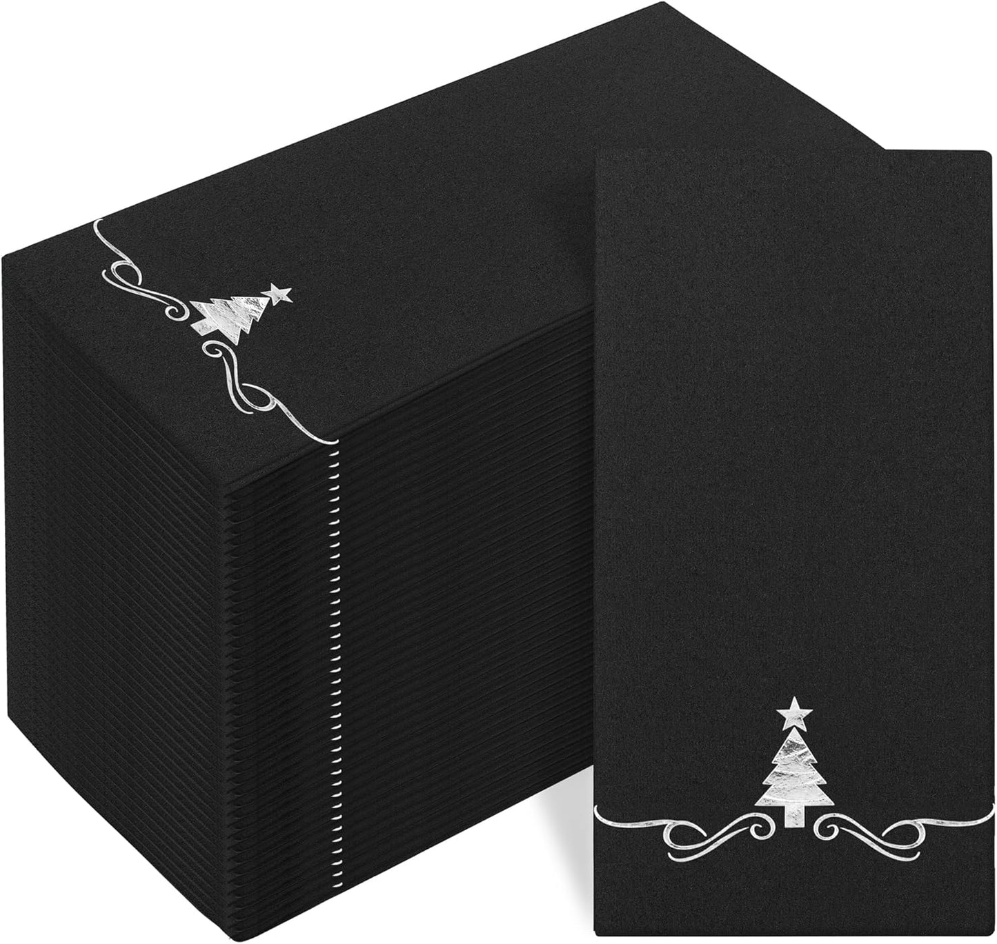 100 Pack Christmas Disposable Guest Napkins 12 X 17 Inch Silver Foil Christmas Trees Napkins Xmas Tree Hand Towels for Bathroom Kitchen Weddings Christmas Holiday Party, Black