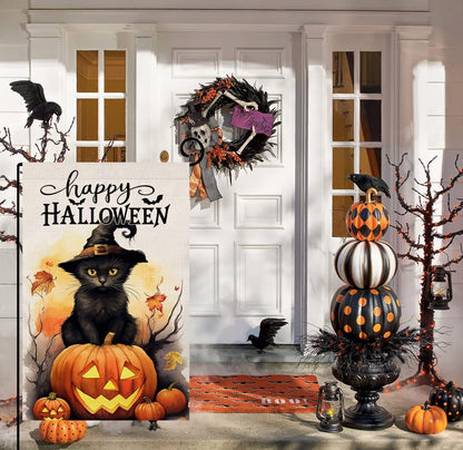 Halloween Cat House Flag 28 X 40 Vertical Double Sided Happy Halloween Pumpkin Holiday outside Decorations Burlap Yard Flag BW479-40