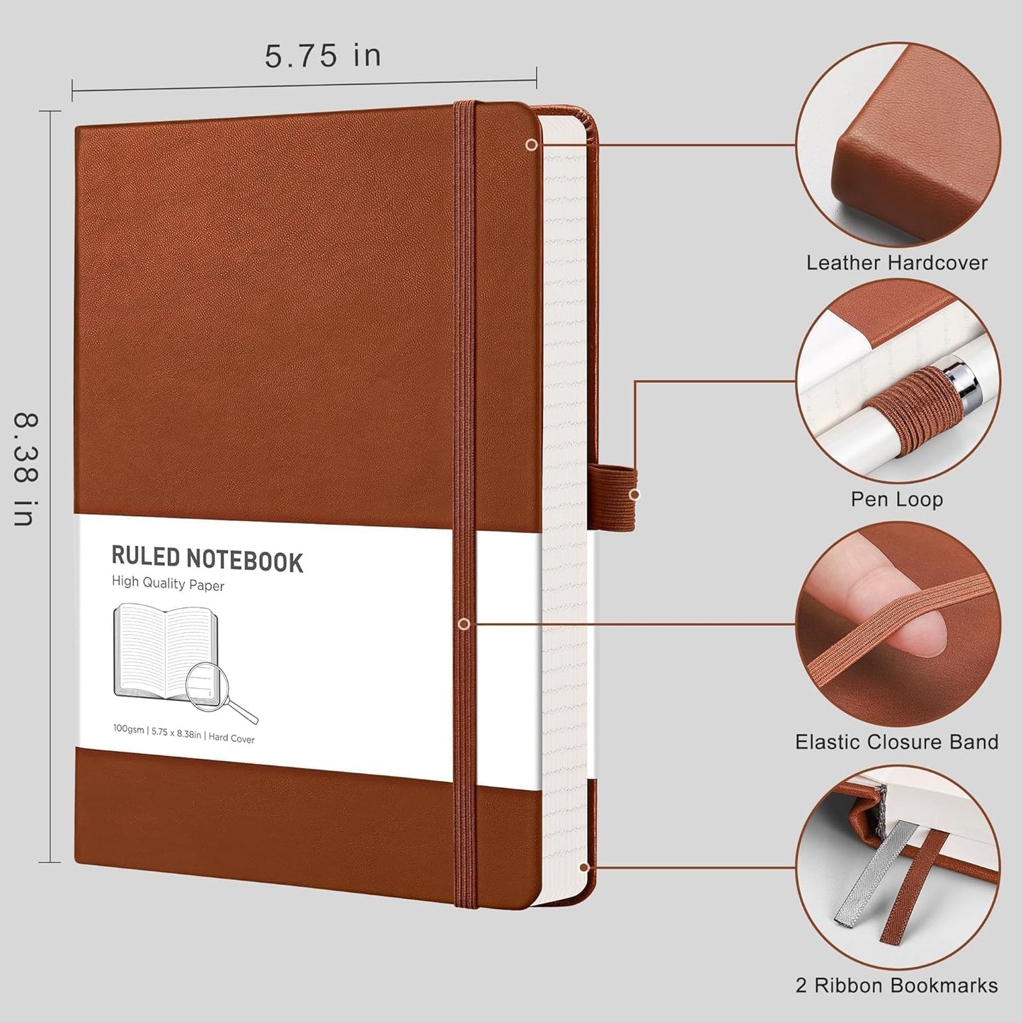 Notebook Journal - A5 College Ruled Notebook with 192 Numbered Pages, Notebook for Work, School, Writing, 100 GSM Acid-Free Paper, Leather Hardcover, Inner Pocket, 5.7'' × 8.3'' (Brown)