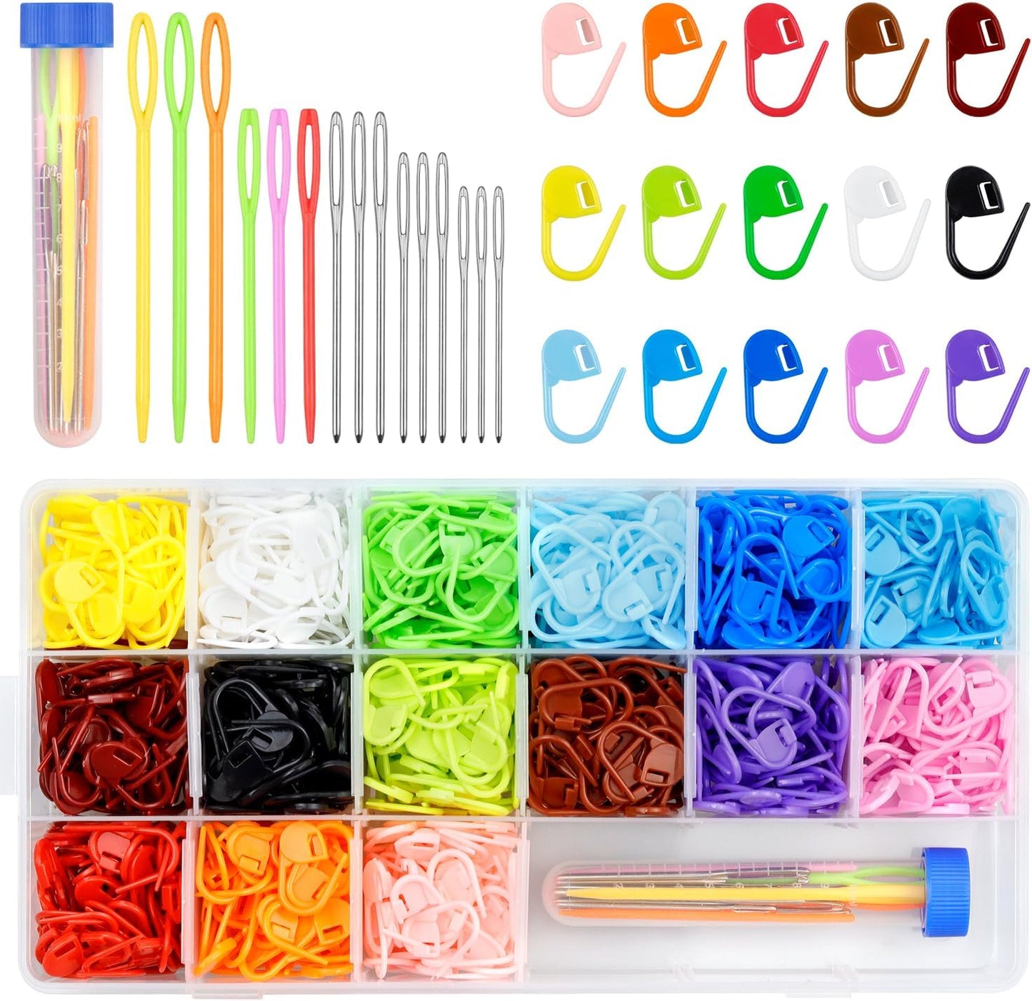 220/900 Pieces Stitch Markers,With 15 Pcs Large Eye Blunt Sewing Needles,Colorful Crochet Stitch Markers for Knitting Stitch Locking Clips Crochet Pins with Storage Box