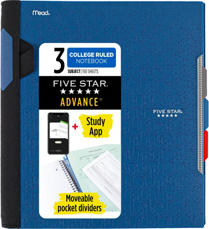 Advance Spiral Notebook + Study App, 3 Subject, College Ruled Paper, 8-1/2" X 11", 150 Sheets, Spiral Guard, Movable Tabbed Dividers and Pockets, Blue (73138)