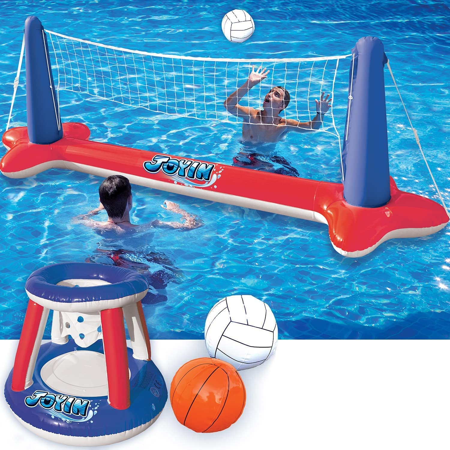 Inflatable Pool Float Set Volleyball Net & Basketball Hoops, Floating Swimming Game Toy for Kids and Adults, Summer Floaties, Volleyball Court (105”X28”X35”)|Basketball (27”X23”X27”),L-Orange