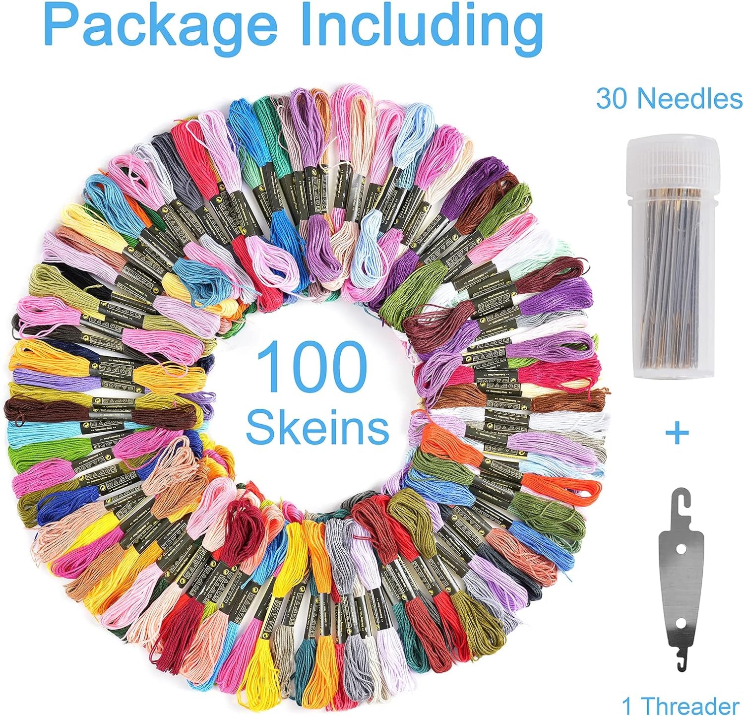 100 Skeins Professional Rainbow Color Embroidery Floss with 30 Pcs Needles and I Pcs Threader, Embroidery Thread Kits for Cross Stitch, Bracelet Friendship and Craft Floss