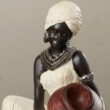 Harly Cream Polystone Sitting African Woman Sculpture with Red Water Pot