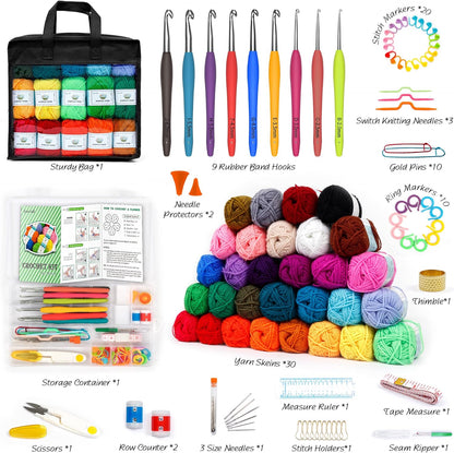 103 PCS Crochet Kit with Crochet Hooks Yarn Set, Premium Bundle Includes 1650 Yards Acrylic Yarn Skeins Balls, Needles, Accessories, Bag, Ideal Starter Pack for Kids Adults Beginner Professionals