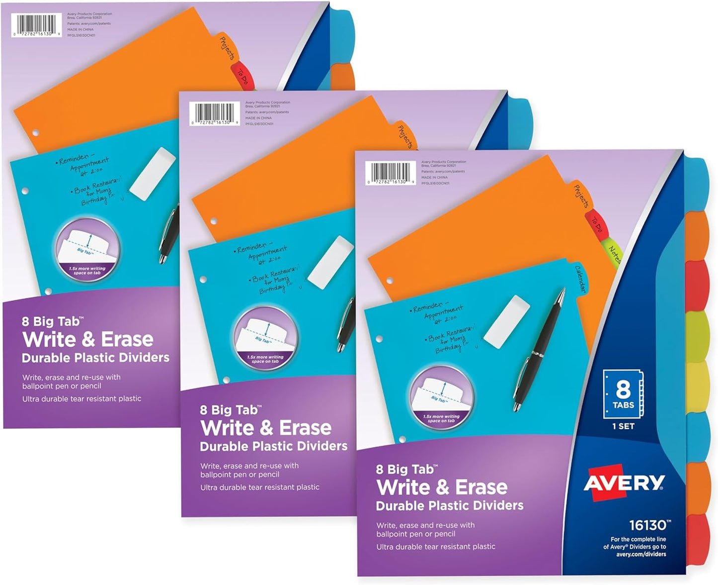 Big Tab Write & Erase Durable Plastic Dividers for 3 Ring Binders, 5-Tab Set, Bright Multicolor, 1 Set (16129)