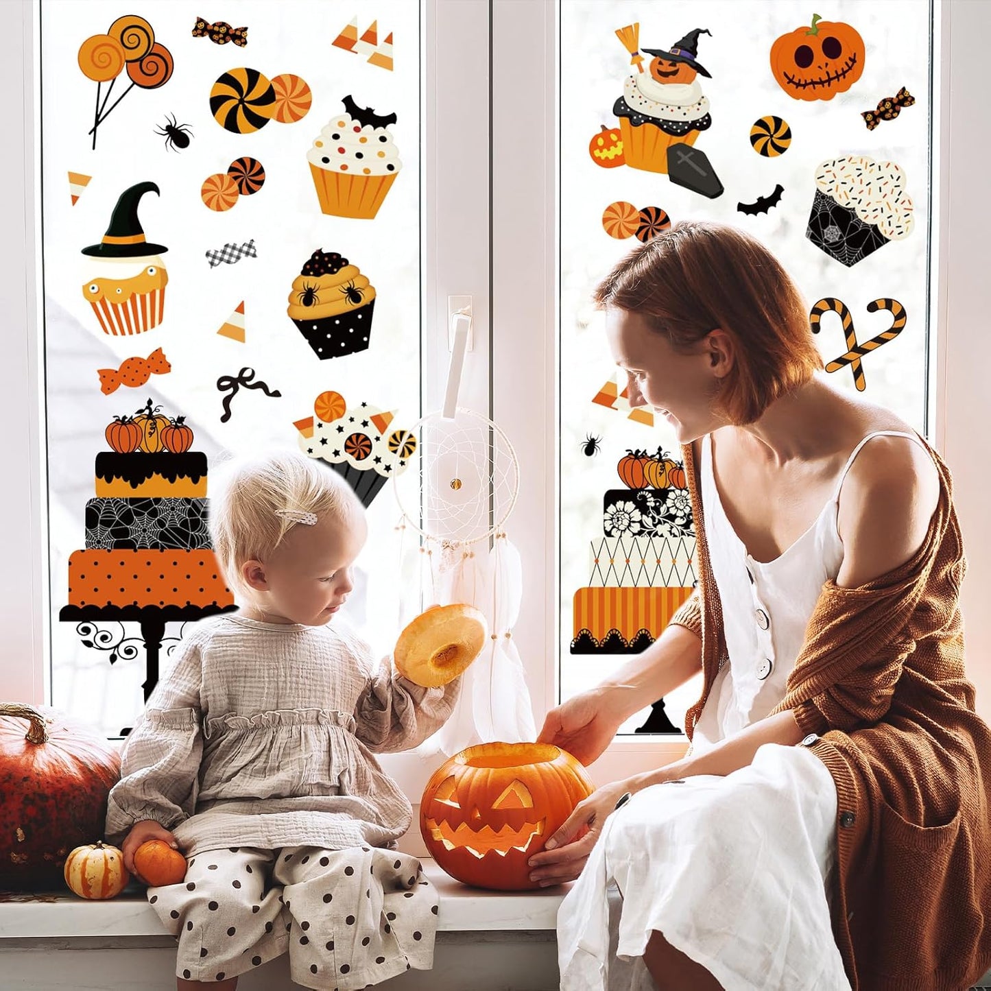 Halloween Window Cling Stickers Pumpkin Cake Cupcake Candy Double-Sided Reusable Window Decals for Birthday Baby Shower Party Home Classroom Decor, 4 Sheets