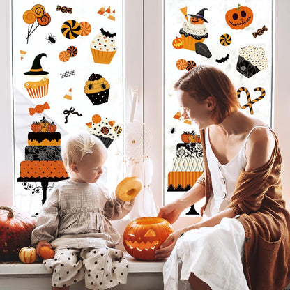 Halloween Window Cling Stickers Pumpkin Cake Cupcake Candy Double-Sided Reusable Window Decals for Birthday Baby Shower Party Home Classroom Decor, 4 Sheets