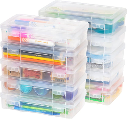 USA Plastic Bead Craft Hobby Art School Supply Pencil Box Storage Organizer Container with Latching Lid, 10-Pack, for Pens Ribbons Wahi Tape Sticker Yarn Ornaments, Stackable, Clear, Medium