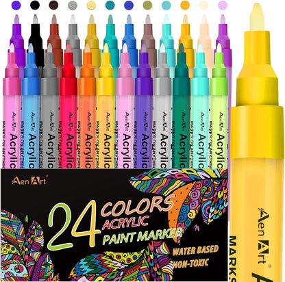 24 Colors Acrylic Paint Pens, Paint Markers for Rock Painting, Fine Point Acrylic Pens Art Supplies for Canvas, Ceramic, Wood, Stone, Glass, DIY Craft