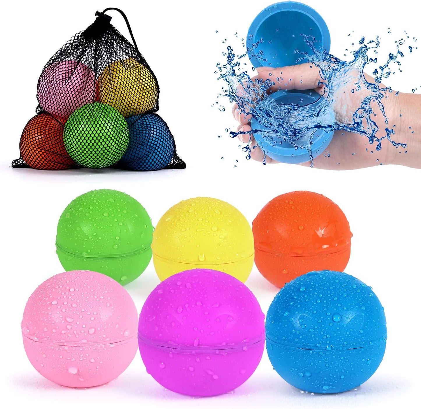 Reusable Water Balloons 12Pcs with Mesh Bag, Self Sealing Silicone Ball Latex-Free, No Clean Hassle, Easy to Fill, Summer Toys Water Toy Swimming Pool Beach Park Yard Outdoor Games Party Supplies