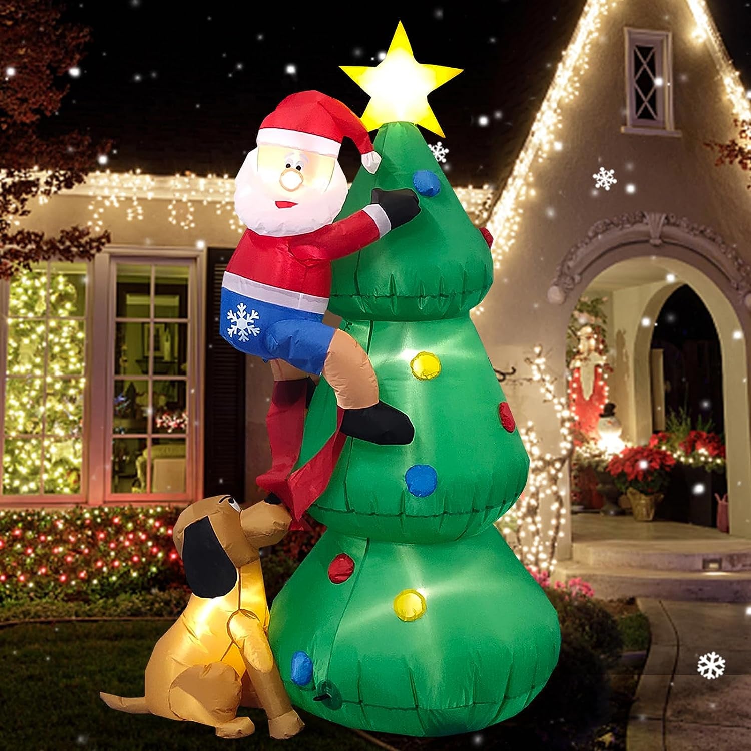 6 FT Inflatable Christmas Tree with a Santa Chased by a Dog Outdoor Decorations- Blow Ups Xmas Tree Yard Decorations Leds Lighted Décor for Holiday Party Indoor Garden Lawn Patio