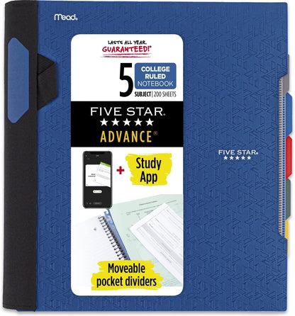 Spiral Notebook + Study App, 5 Subject, College Ruled Paper, Advance Notebook with Spiral Guard, Movable Tabbed Dividers and Expanding Pockets, 8-1/2" X 11", 200 Sheets, Black (73144)