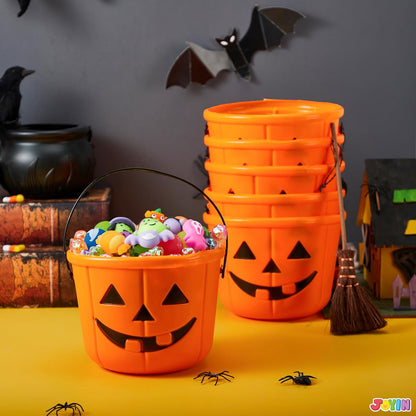 6PCS Halloween Trick or Treat Pumpkin Bucket, Jack O Lantern Candy Basket and Buckets for Trick or Treating, Orange Halloween Pails with Handle for Kids Halloween Party Favors Supplies Props